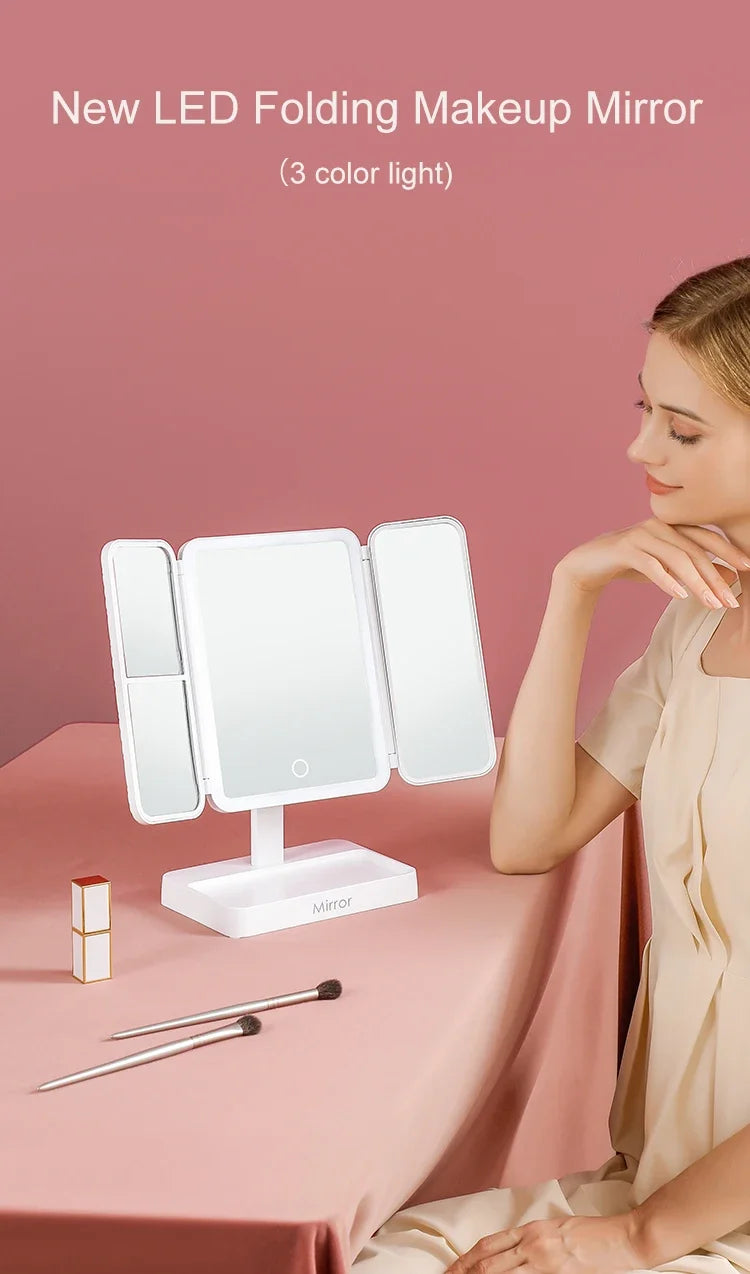 Tri-Fold LED Makeup Mirror Cute Compact Desk Vanity Mirror with 2X/3X Magnifying 3 Tone Lights, Rotable Lighted Makeup Mirror