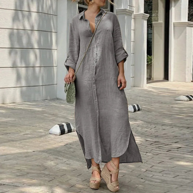 2024 New Women Cotton Blend Loose Dress Robe Spring Summer Solid Beach Sundress Female Clothing Single Breasted Long Shirt Dress