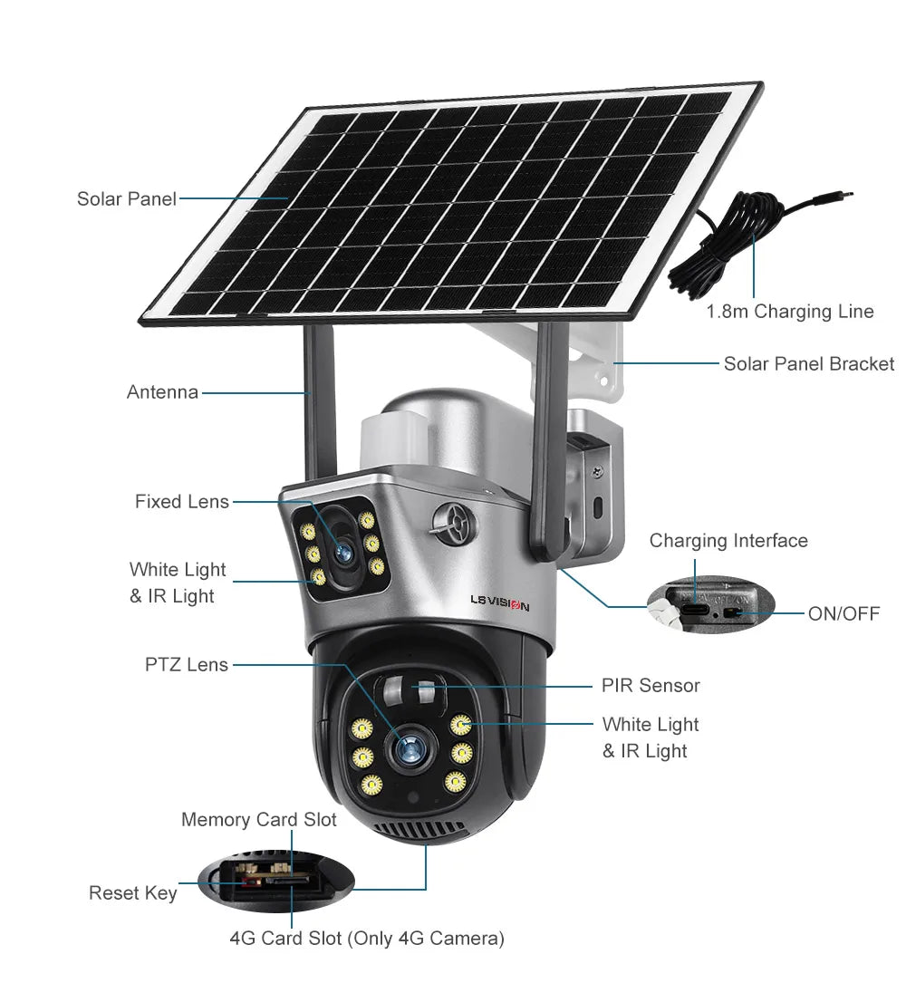 LS VISION 4K 8MP Dual Screen Solar Camera Outdoor Wireless 4G/WiFi PTZ Dual Lens Security Protection Auto Tracking CCTV Cameras