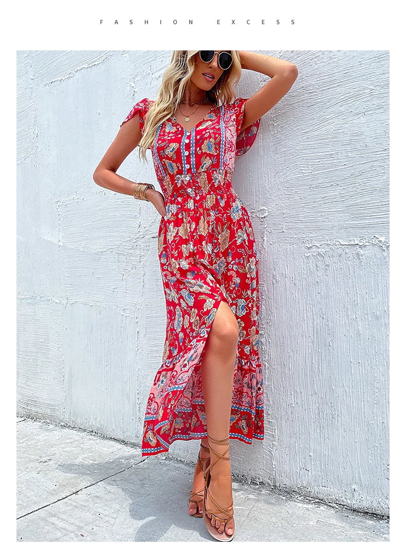 Vintage Floral Boho Printed Vestidos Women Short Sleeves V Neck Slit Midi Dresses A Line Bohemian Summer Beach Dress