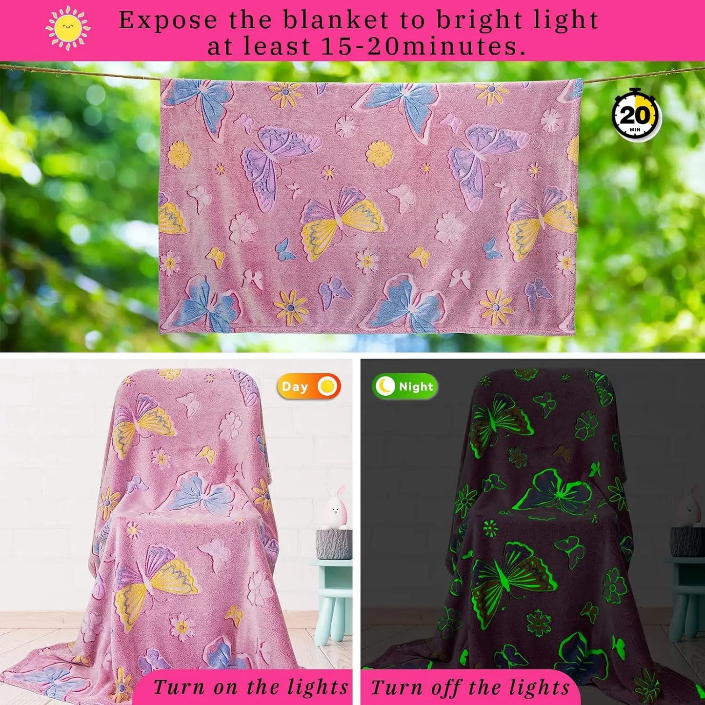 Glow in The Dark Blanket Fuzzy Cozy Warm Soft Throw Blanket for Couch Bed Sofa, Girl Toys Butterfly Blankets for Teens Unique Bi