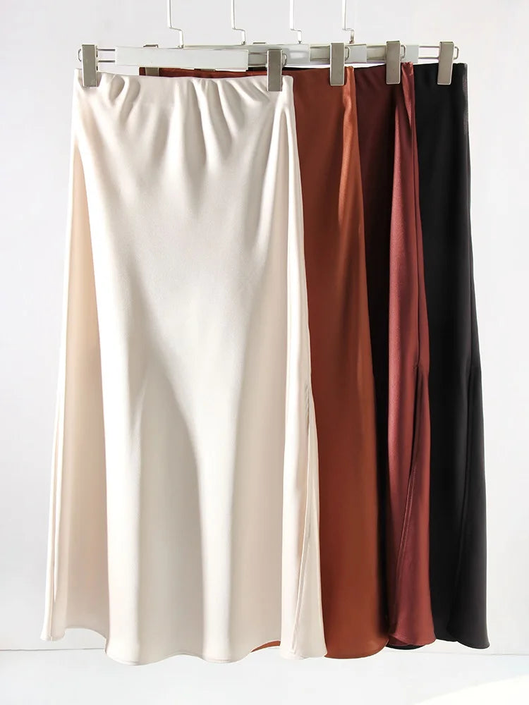 Women Summer Beige Long Skirts Trends 2024 High Waist Maxi Summer Skirt Rayon Silk Pencil Side Slit Satin Skirts For Women