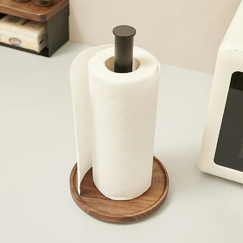 Modern Walnut Kitchen Roll Paper Holder Vertical Paper Towel Rack Shelf with Wooden Base Countertop Kitchen Metal Standing