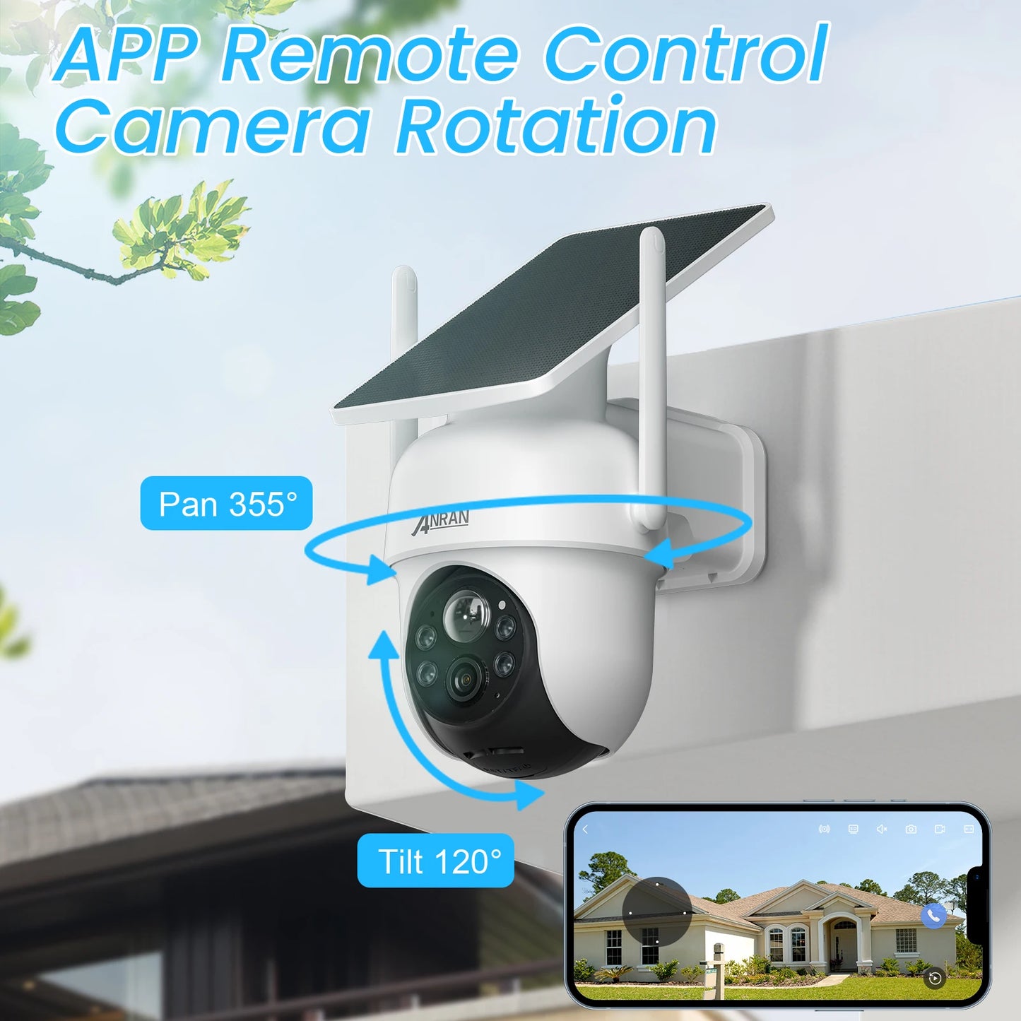 ANRAN 2K Wireless Solar Battery Camera Kit 360° PTZ Surveillance Security Outdoor Wifi Camera Set Humanoid Detection Siren Alarm