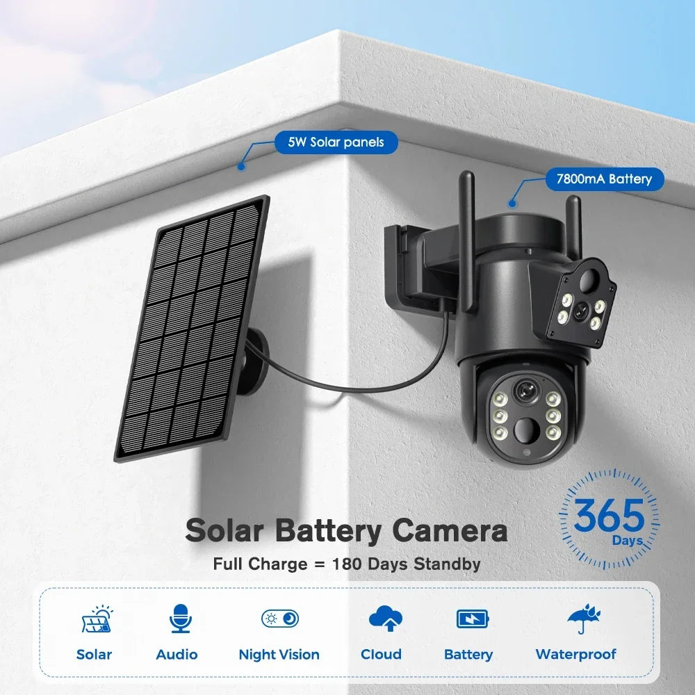 ICsee Solar Camera 8MP 4K Battery Dual Lens PIR Human Detection Wireless WiFi Outdoor Waterproof Security PTZ CCTV Surveillance