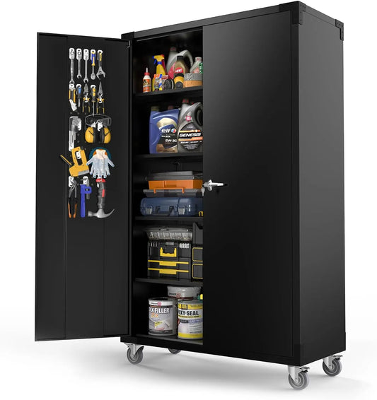 Upgraded Wide & Deep Garage Storage Cabinet, Metal Storage Cabinet with Pegboards, Wheels, Locking Doors and Adjustable Shelves