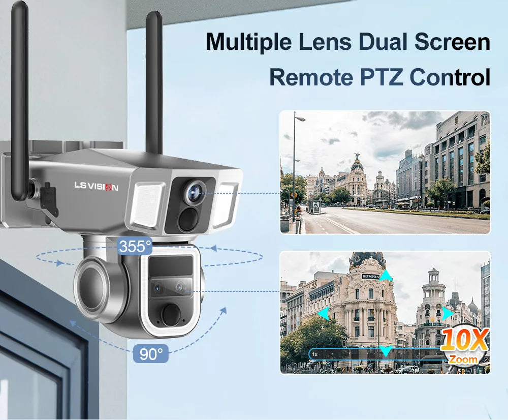 LS VISION 12MP 4G/WiFi 2 In 1 Dual Screen Solar Secutrity Camera Three Lens 10x Optical Zoom Dual PIR Auto Tracking CCTV Camera