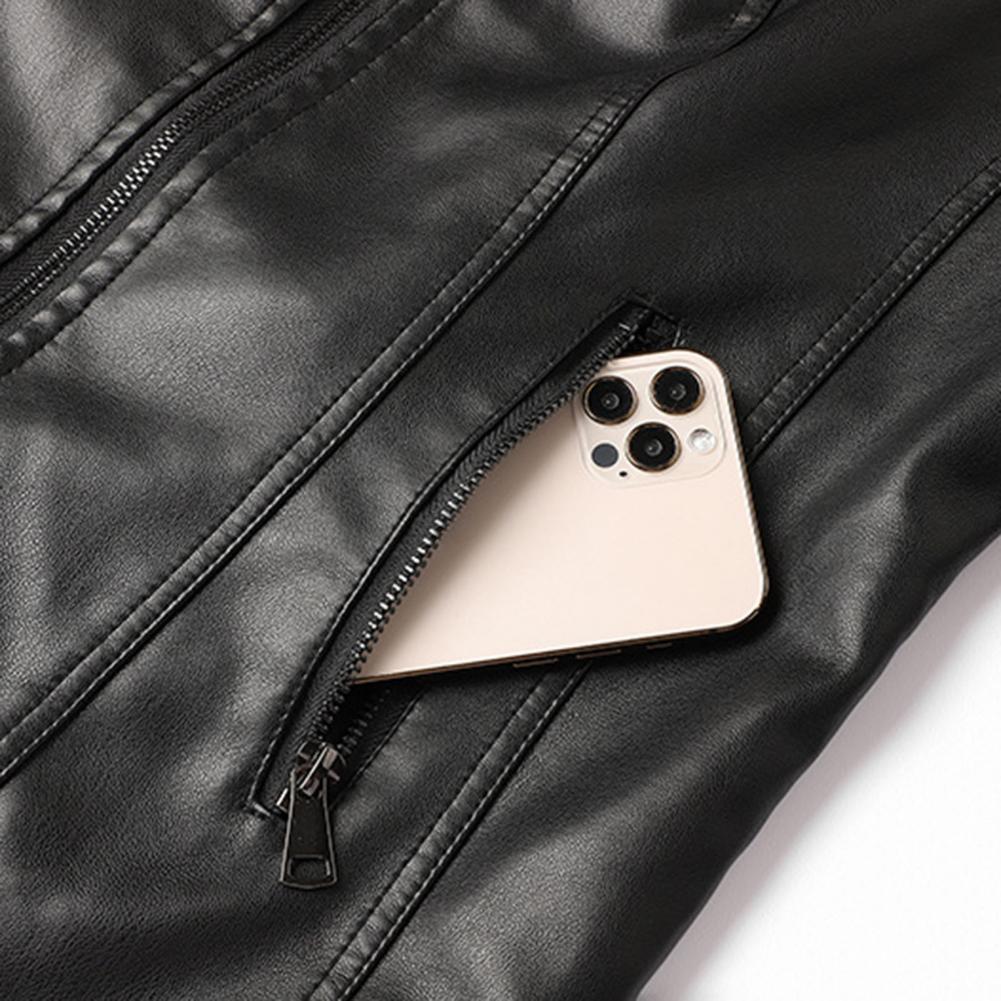 Women Leather Jacket Autumn Outwear Solid Color Slim Fit Faux Leather Jacket Stand Collar Long Sleeve Pockets Zipper Biker Coat