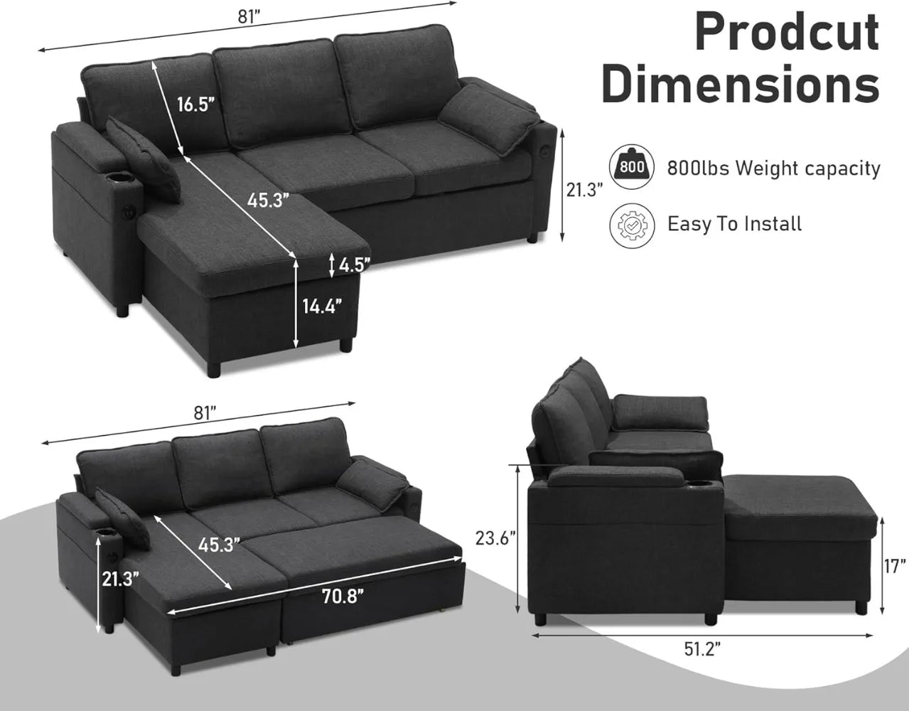 Sofa Bed Sleeper Pull Out 2 in 1 Sectional Sleeper Sofa with Storage,USB, Cup Holder,Pullout Sectional Couches for Apartment