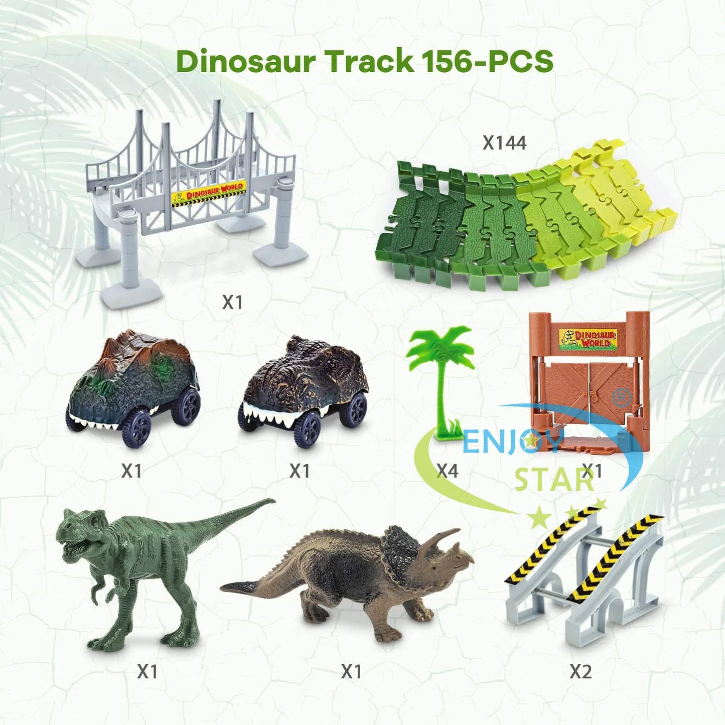 156pcs Dinosaur Railway Car Track Toy Set DIY Assemble Road Race Set with Flexible Track Dinosaur Toys Bridge Ramps Toys for Kid