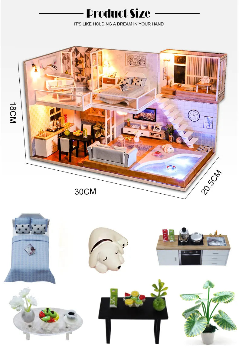 Assemble DIY Wooden House Dollhouse kit Wooden Miniature Doll Houses Miniature Dollhouse toys With Furniture LED Lights Gift