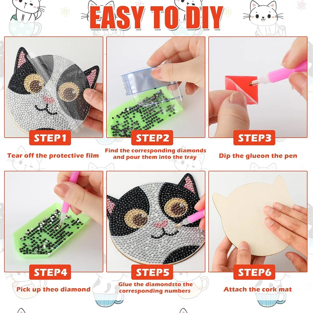 8 PCS Cat Diamond Art Coasters Kit Cartoon Art Painting Coasters With Holder DIY Art Craft Supplies For Beginners