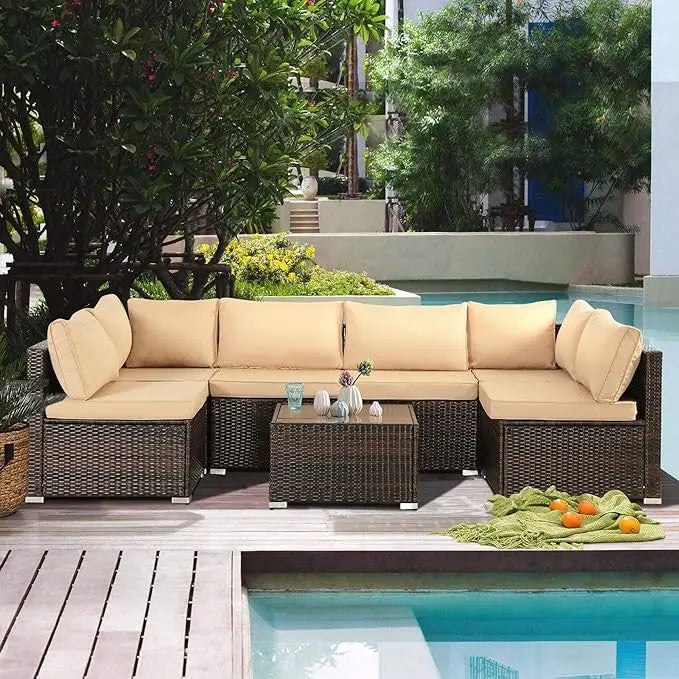 7 Pieces Patio Furniture Set, Modular Patio Set Wicker Outdoor Sectional Sofa Set PE Rattan Wicker Patio Conversation Set