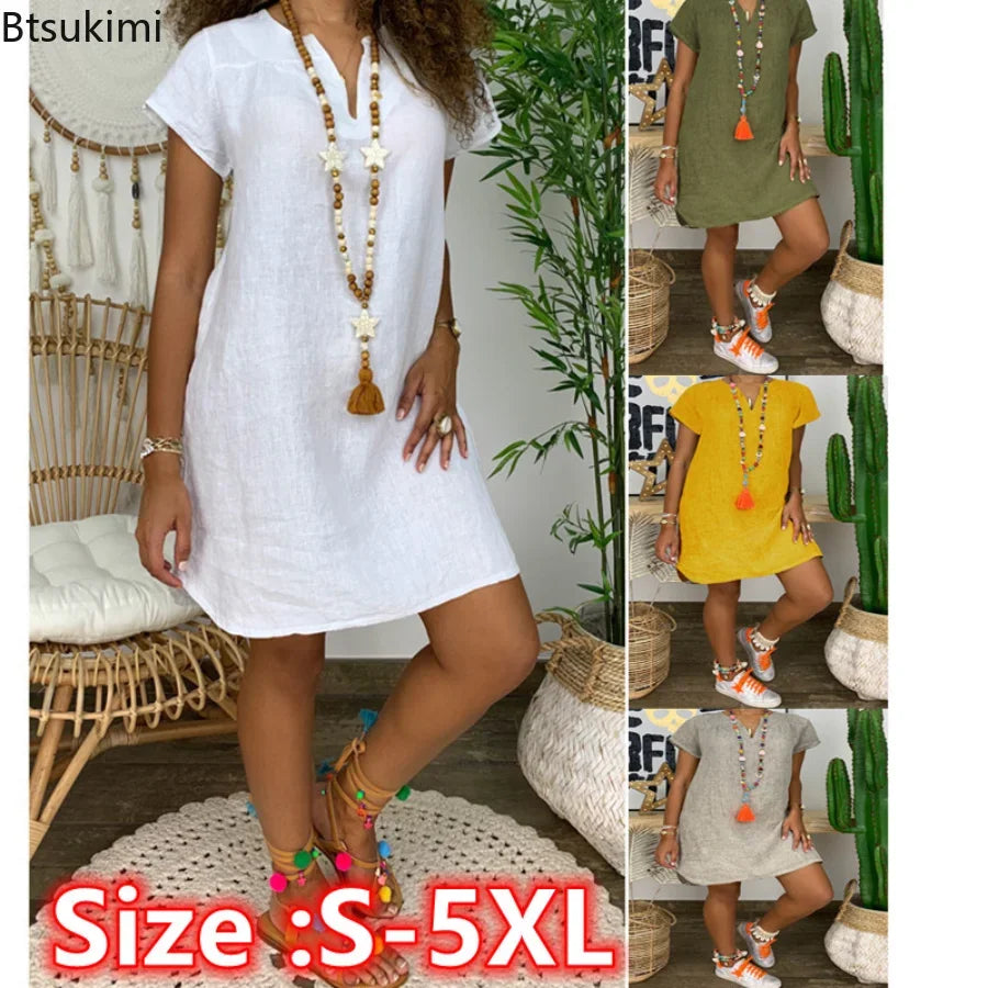 Plus Size 4XL 5XL Women Short Sleeve Dress Casual Loose V Neck Cotton Linen Mini Dress 2024 Summer Beach Sundress Female Dress