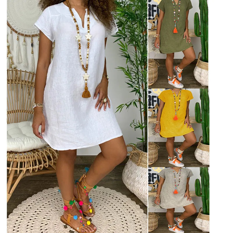 Plus Size 4XL 5XL Women Short Sleeve Dress Casual Loose V Neck Cotton Linen Mini Dress 2024 Summer Beach Sundress Female Dress