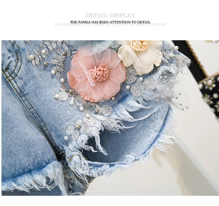 Fashion Cotton T-Shirt Tops + Short Jeans 2 Pieces Sets 2024 New Summer Women's Denim Pants Outfits 3D Flowers Beading Suits