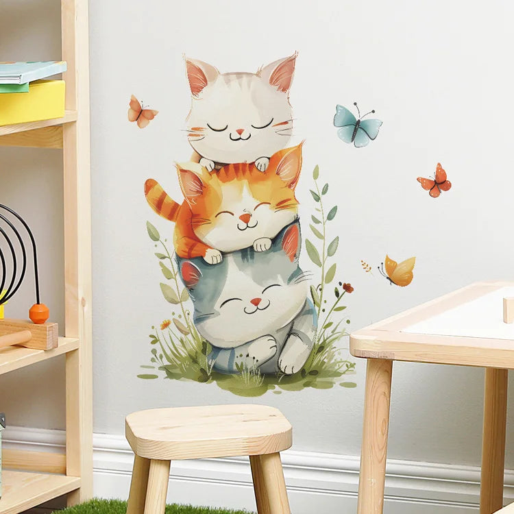 Cute Cats Overlap Wall Stickers Kids Room Decoration Mural Baby Bedroom Home Decor Cartoon Kitten Self-adhesive Decals Beautify