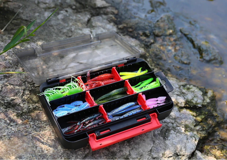 TSURINOYA Double Layer Soft Lure and Hooks Box RX17 Compartment Double Sided Hard Bait Boxes Fishing Tackle Storage Case