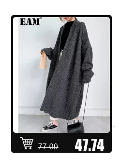 [EAM] 30% Wool X-Long Big Size Warm Woolen Coat New Lapel Long Sleeve Women Jacket Fashion Tide Autumn Winter 2024 1DH4053