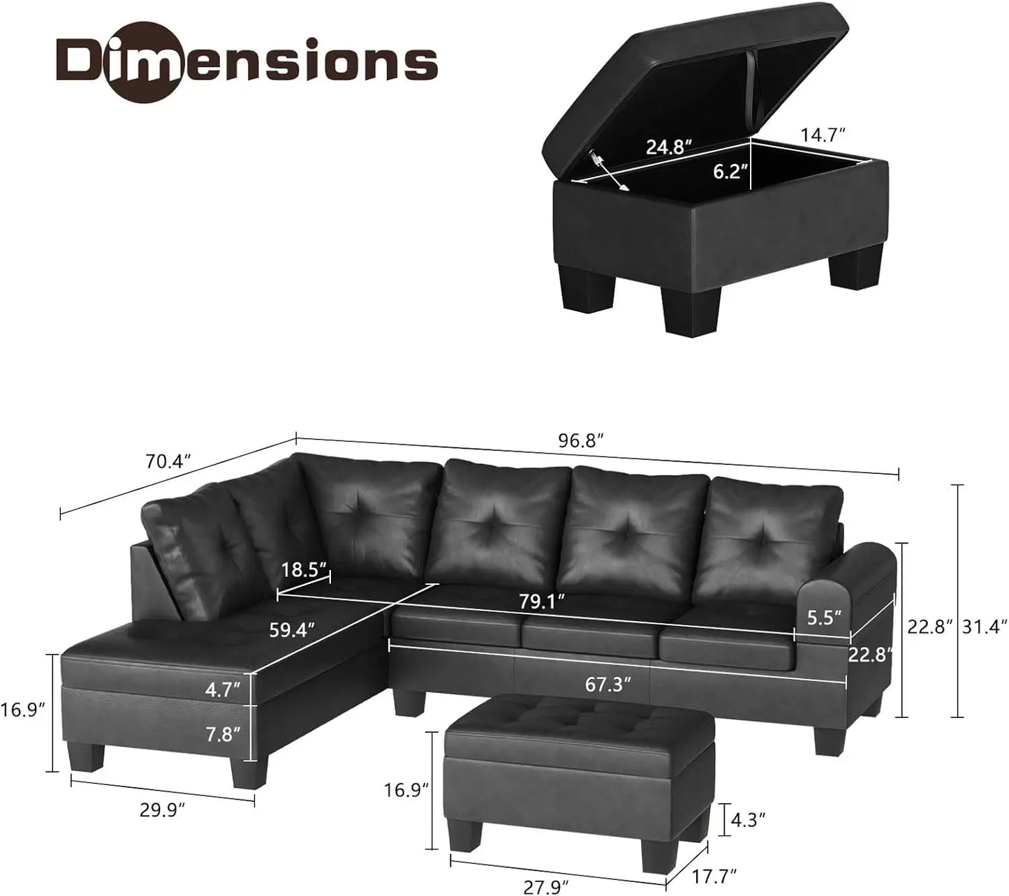 Faux Leather/Linen Fabric Sectional Sofa Couch, Modern L-Shaped Modular Couch Upholstered 3/6 Seaters Living Room Sofa Couch