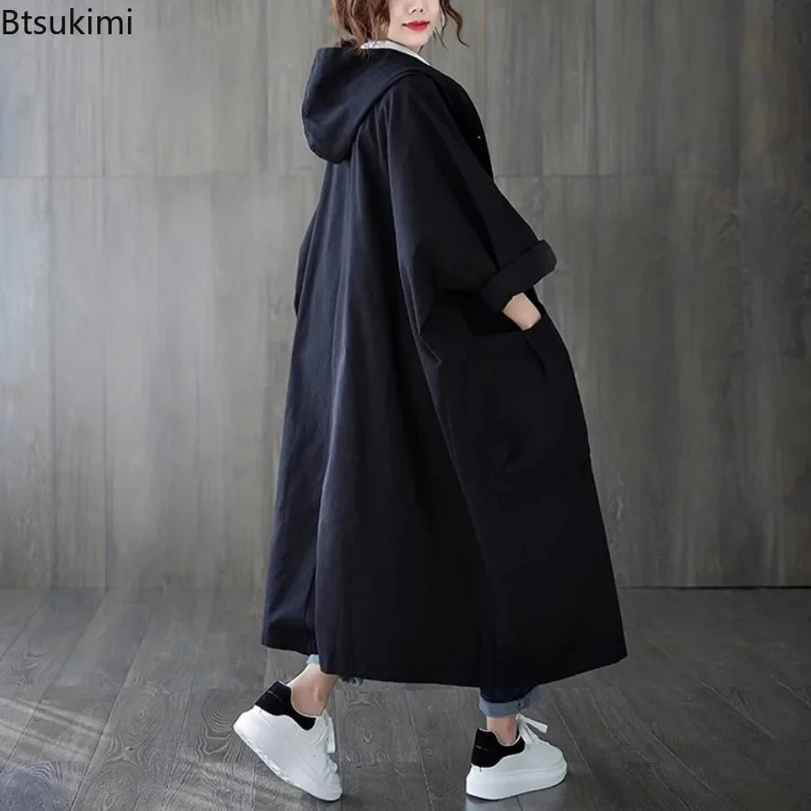 New 2024 Ladies Hooded Trench Coats Solid Loose Single-breasted Long Jacket for Daily Wear Women Windbreaker Casual Outerwear