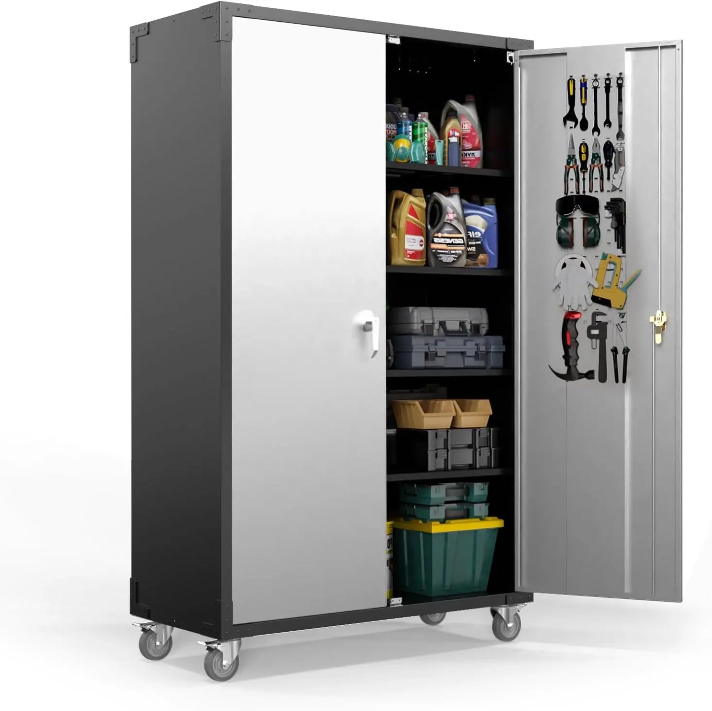 Upgraded Wide & Deep Garage Storage Cabinet, Metal Storage Cabinet with Pegboards, Wheels, Locking Doors and Adjustable Shelves