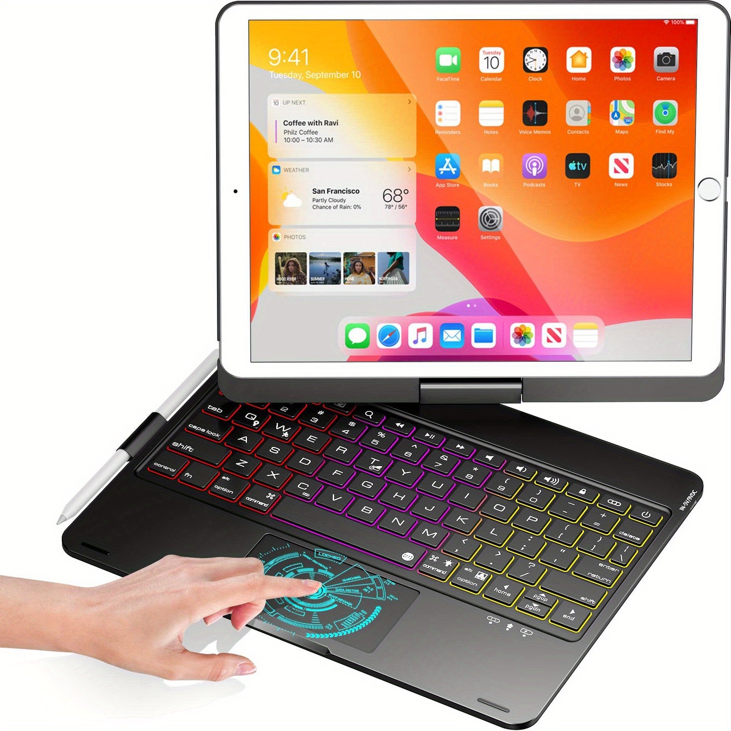 360° Rotatable BT Keyboard Touch,For IPad 9th (10.2", 2021),8th Gen (2020), 7th Gen (2019), Air 3, Pro 10.5，10 Color Backlight,