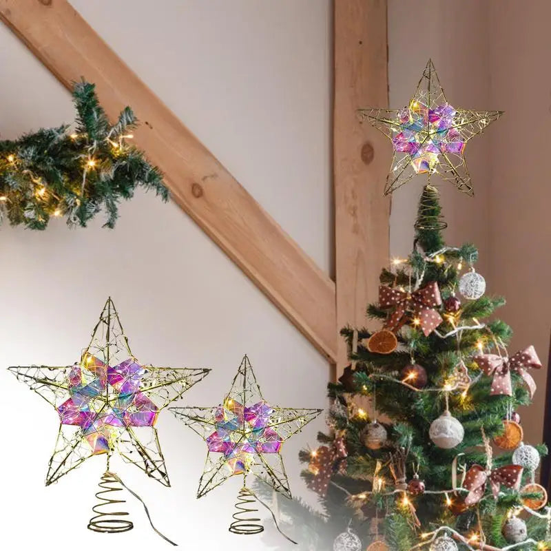 Christmas Tree Topper Star Glittered Tree-Top Star For Christmas Metal Decorative Star With Light For Christmas Tree Party