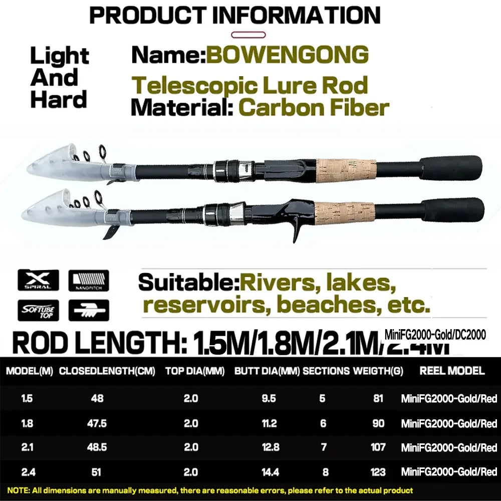 Fishing Rod Combo 1.5-2.4M Lure Fishing Rod and 7.2:1 High Speed Gear RatioMax 8kg Baitcasting Reel Fishing Tackle Pesca