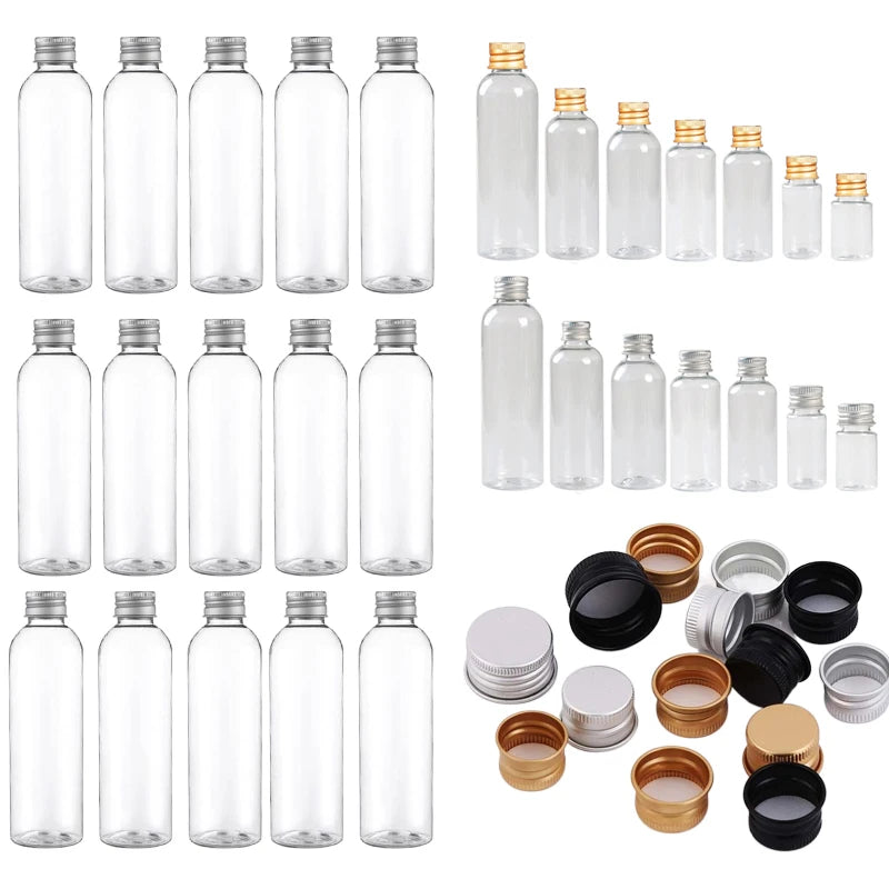 50Pcs 5/10/20/30/50/60/80/100/120ML Mini Portable PET Plastic Bottles  W/ Aluminum Screw Lids Travel Cosmetic Container Lotion