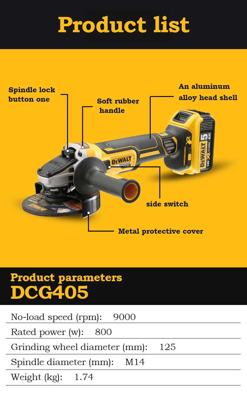 DEWALT DCG405 20V Brushless Magnetic Levitation Angle Grinder Portable Wireless Impact Polisher Cutting Machine DIY Power Tool