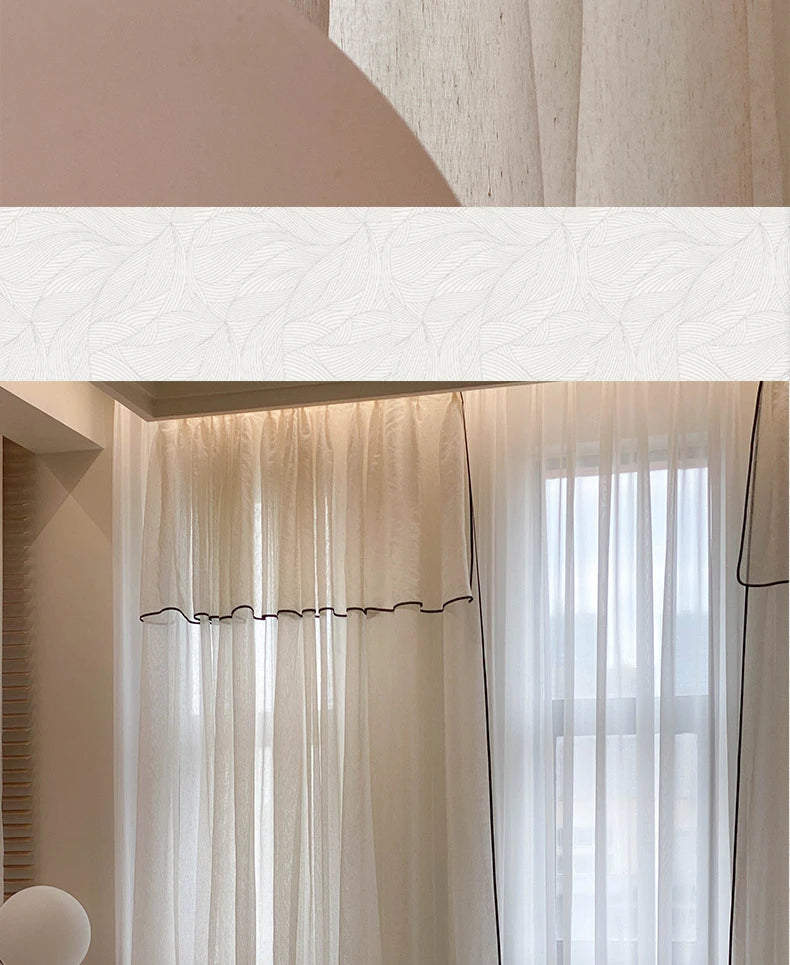 Retro Cream Linen White Tulle Sheer Curtains for Living Room Luxury Bedroom Dining Balcony Black Edge Blackout Gauze Window Door