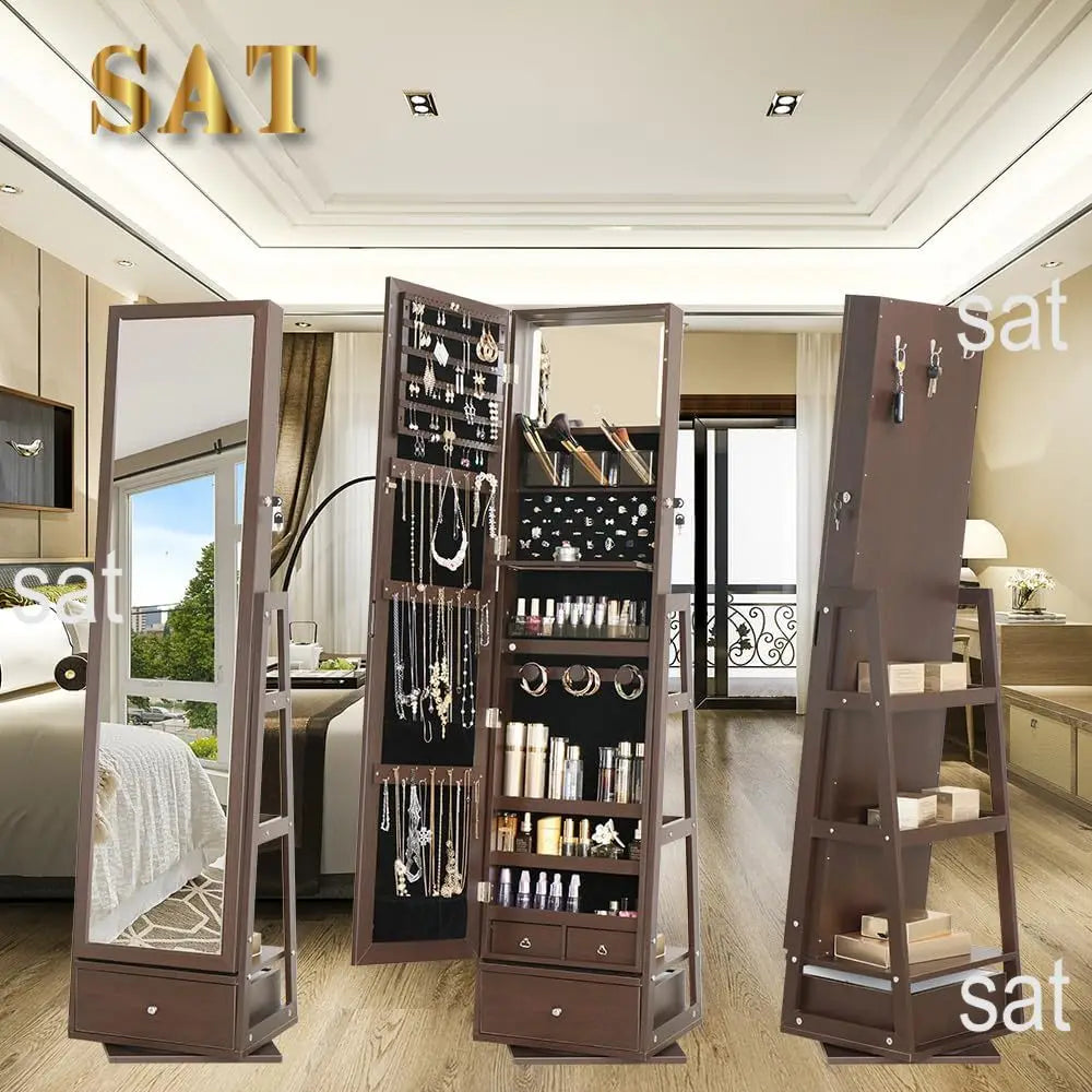 360 Swivel Full Length Mirror Jewelry Cabinet Standing With Built - 63.7 H Armoire With Mirror & 3 Drawers, Lockable Storage