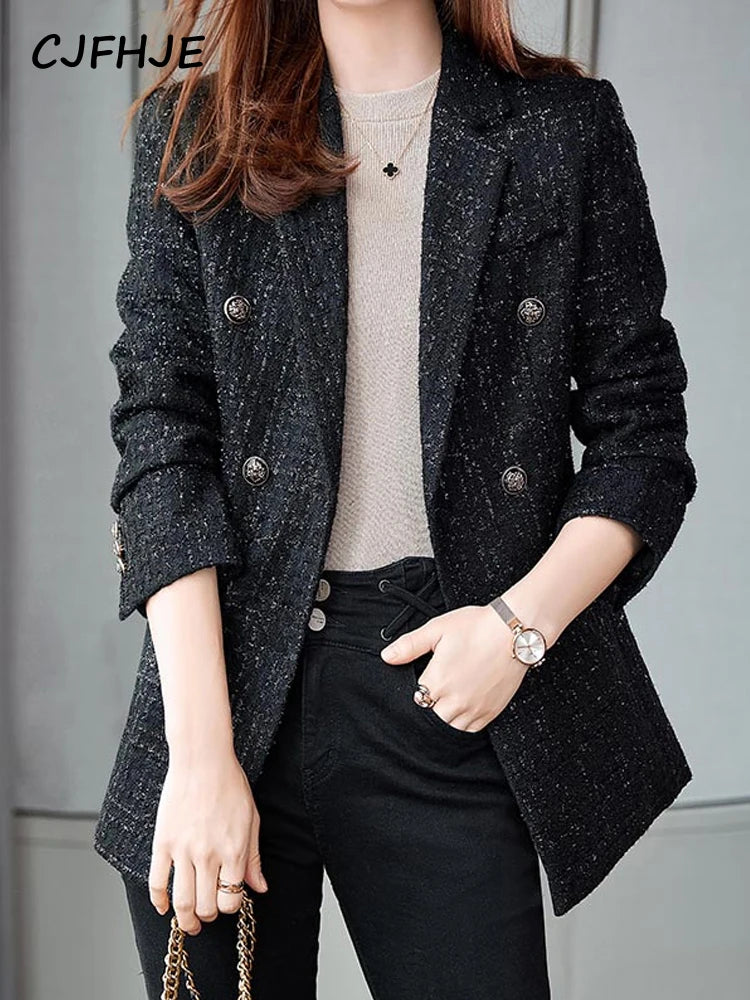 CJFHJE Navy Blue Winter Tweed Blazers Coat Women Thick Warm Long Sleeve Button Elegant Lady Jacket Coat Double-Breasted Overcoat