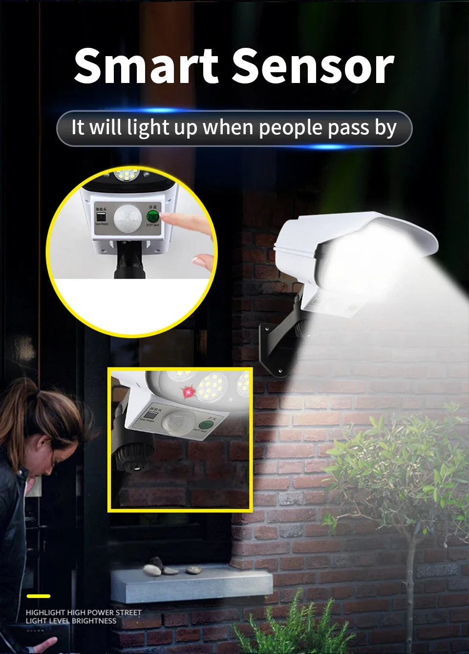 JVEE 77LED Solar Lights Outdoor Waterproof Motion Sensor Dummy Camera Spotlight Wall Street External Solar Lamp Garden Light