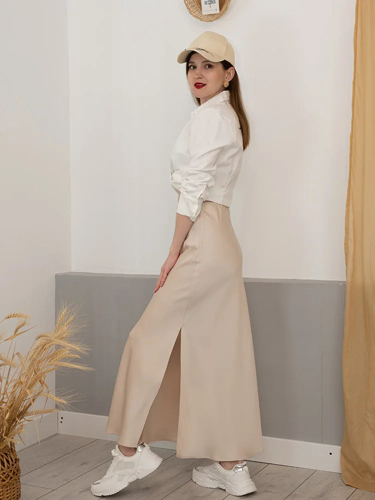 Women Summer Beige Long Skirts Trends 2024 High Waist Maxi Summer Skirt Rayon Silk Pencil Side Slit Satin Skirts For Women