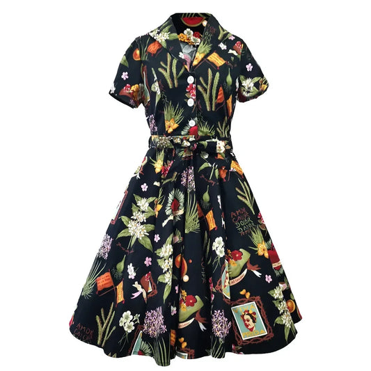 2020 Robe Rockabilly Dress Midi Long Cotton Pin-up Tunic Sundress Cotton Causal Vintage 60s 50s Big Swing Summer Party Dresses