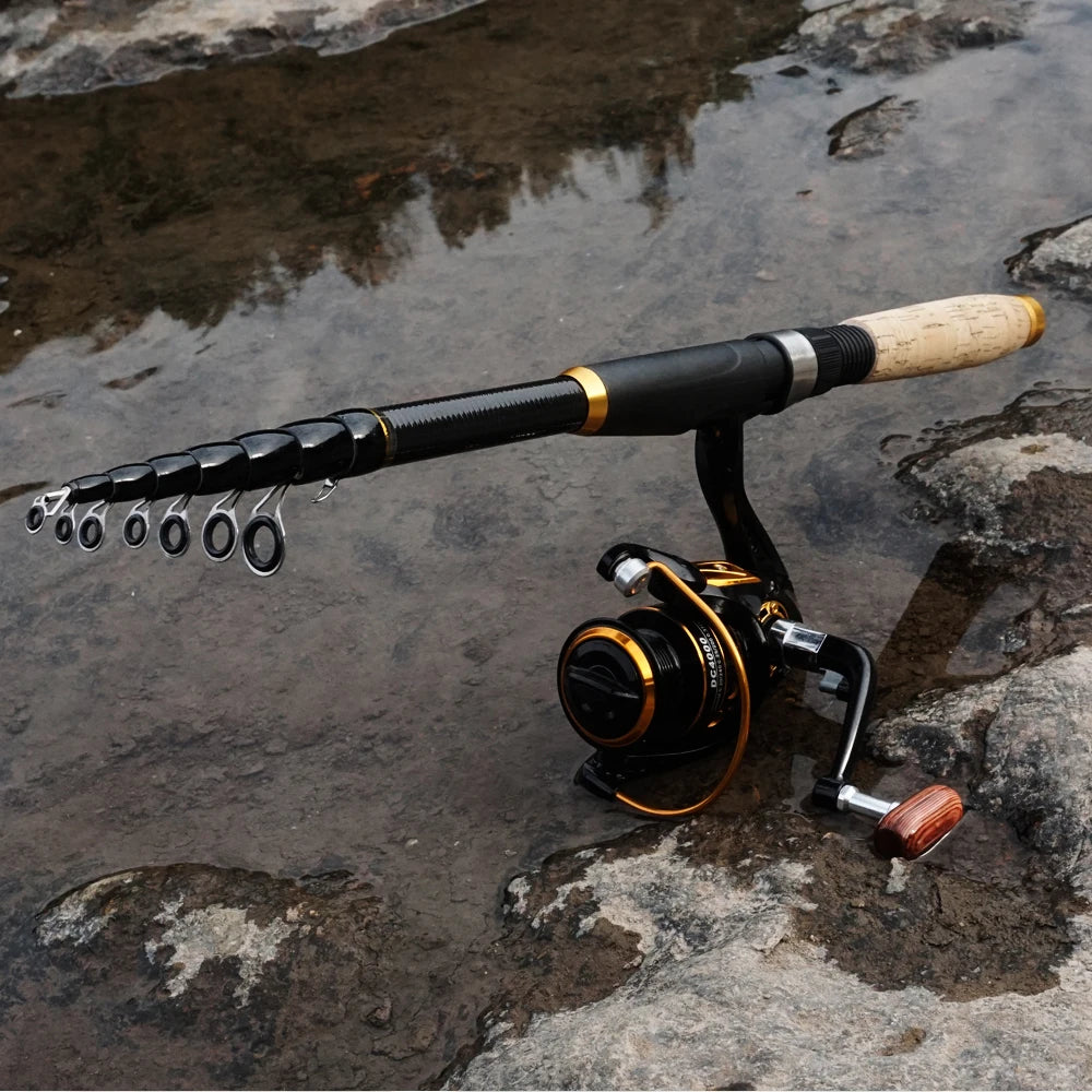 Fishing Rod and Reel Combo 1.8m-3.6m Carbon Fiber Max Pull 3.5kg Telescopic Rod and 5.2:1 Gear Ratio Spinning Reel for Bass Pike