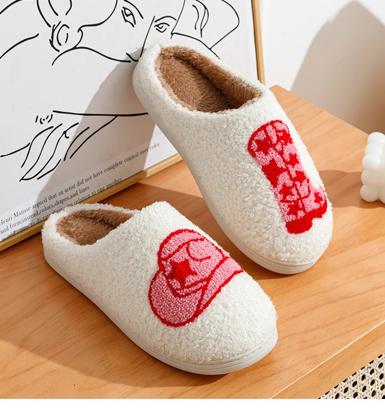 ASIFN Cute Boot Women's Slippers Cowgirl Hat Fluffy Cushion Slides Comfortable Cozy Comfy Smile Houseshoes Laides Winter Shoes