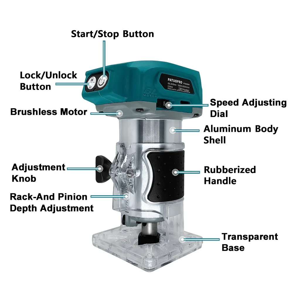 PATUOPRO 5 Speeds Brushless Electric Trimmer Handheld Wood Router Milling Engraving Slotting Power Tools For Makita 18V Battery