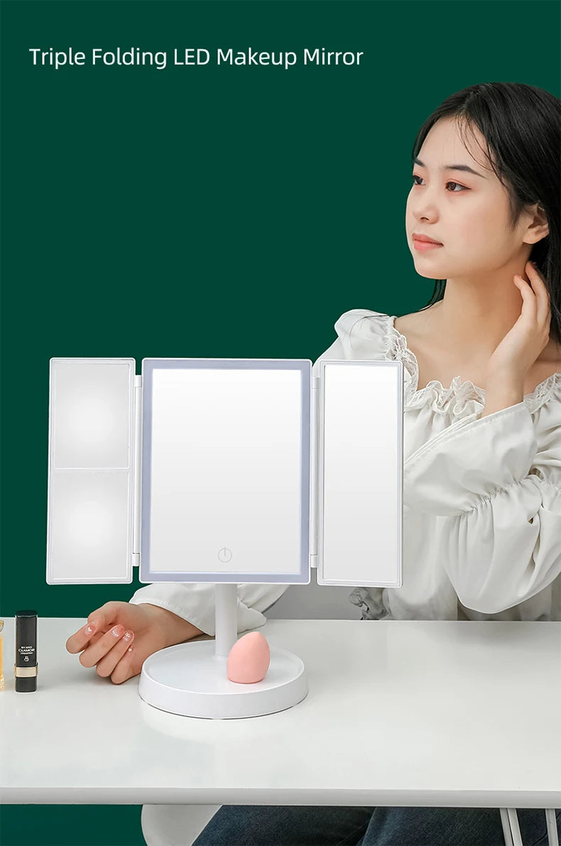 Foldable Makeup Mirror with LED Light 3 Tone Lights Desktop Vanity Mirror 2X/3X Magnifying 360° Adjustable Rechargeable