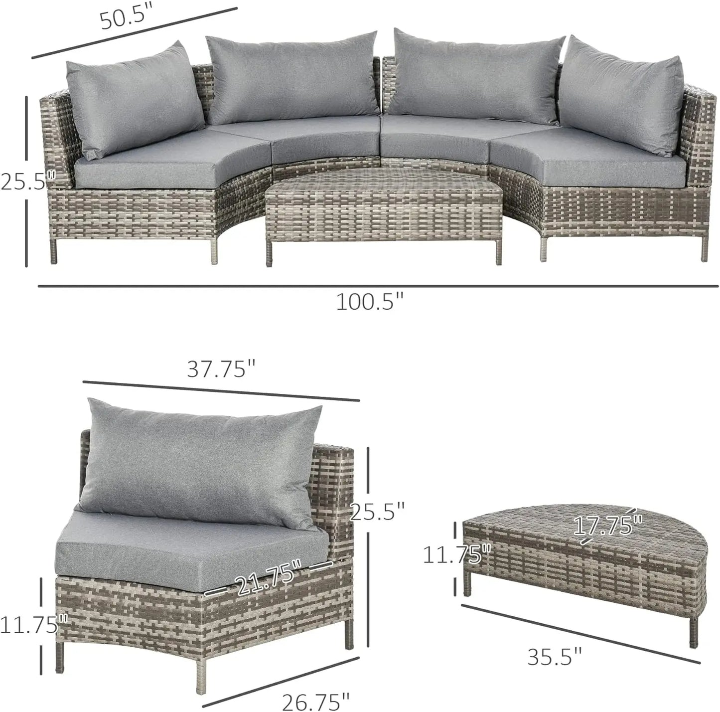 5-Piece Half-Moon Outdoor Sectional Sofa, PE Rattan Wicker Furniture with Patio Couch, Table & Cushions, Gray