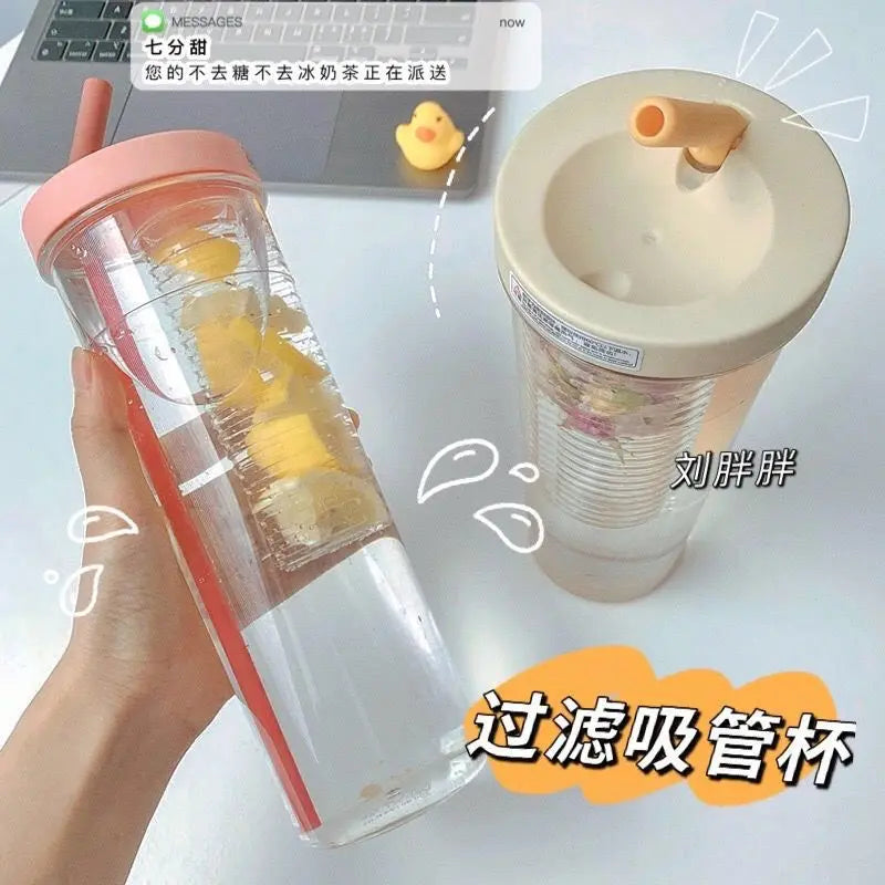 Cute Water Bottle With Foldable Straw 700ML Water Bottle Fruit Tea Built-in Filter Cup Portable Office Drinkware Outdoor Shaker