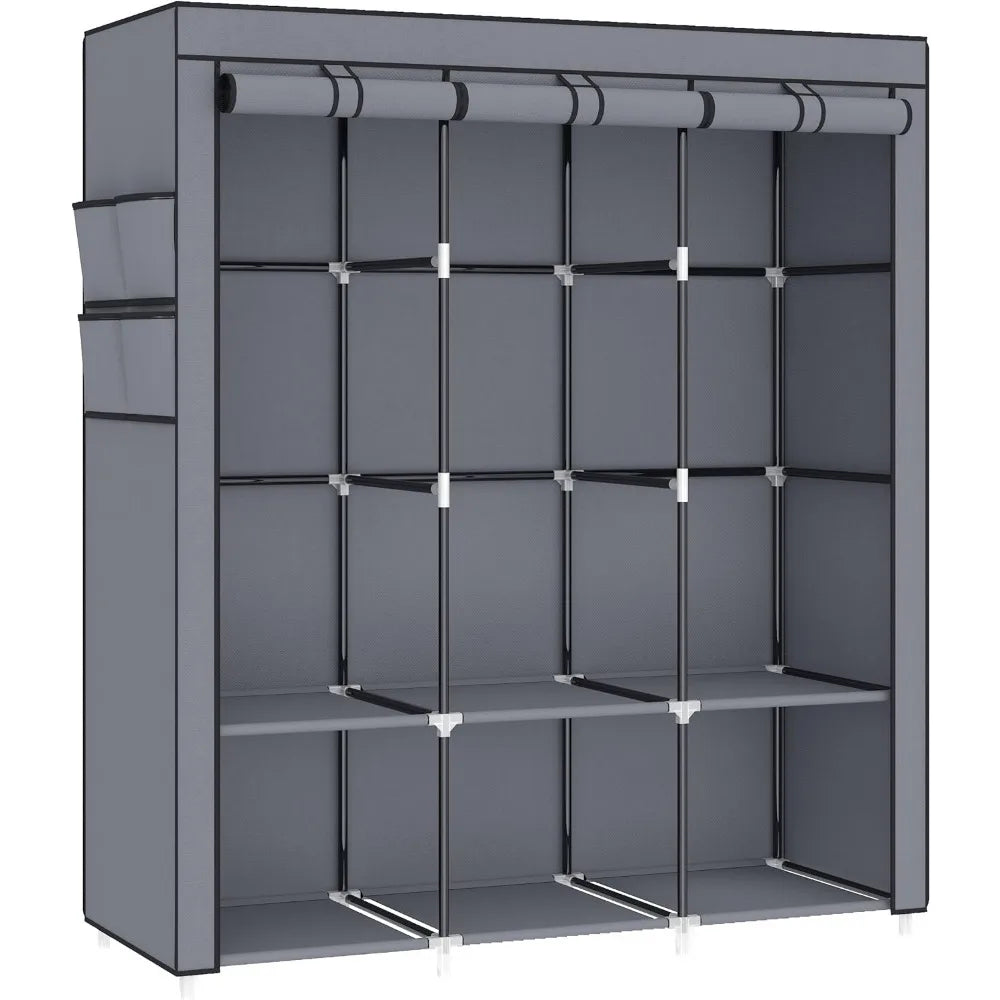 67 in Portable Closet Wardrobe for Hanging Clothes, Wardrobe Closet , 4 Hanging Rods and Side Pockets, 8 Storage Shelves