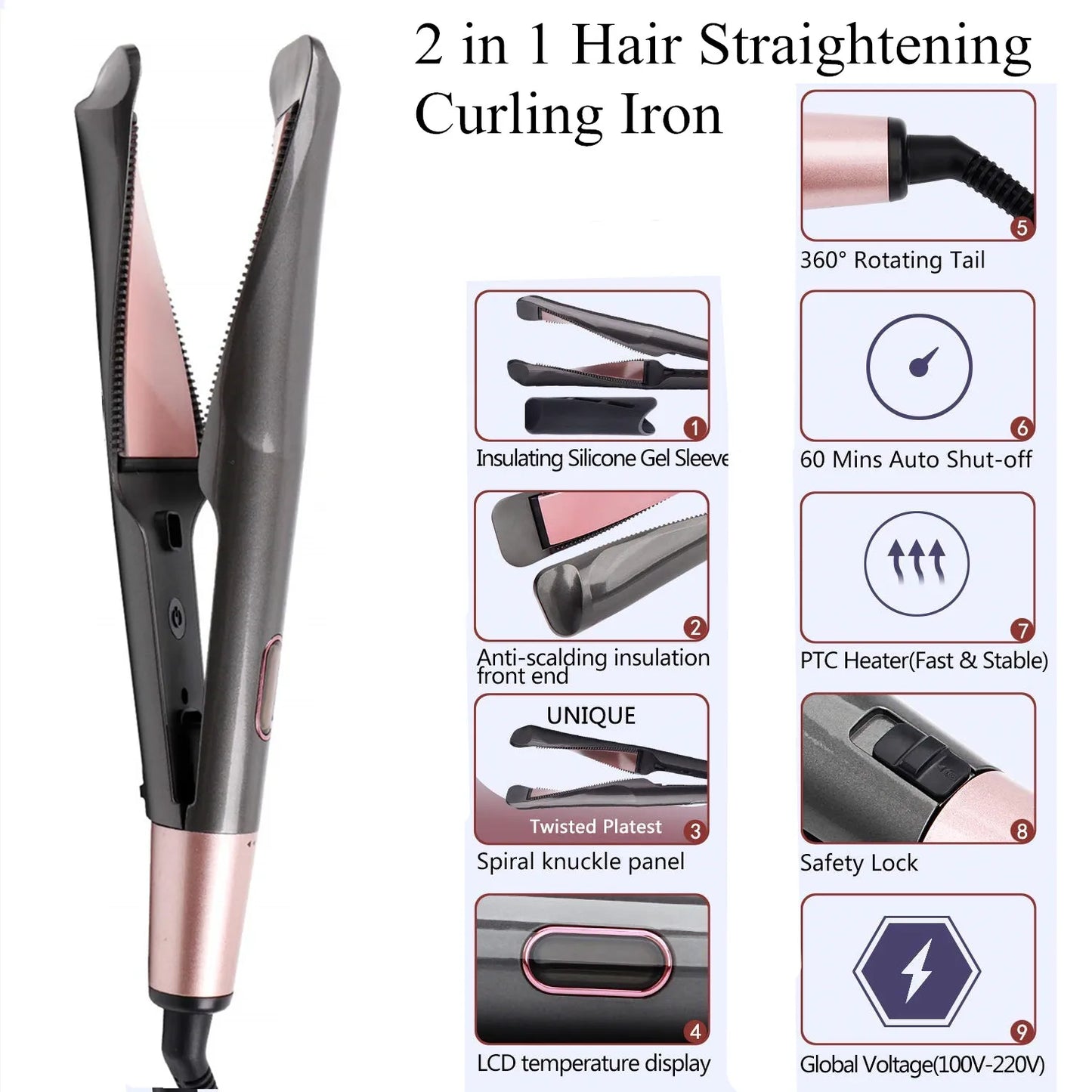 2 in 1 Hair Straightener And Curler Twist Straightening Curling Iron Professional Negative Ion Fast Heating Styling Flat Iron