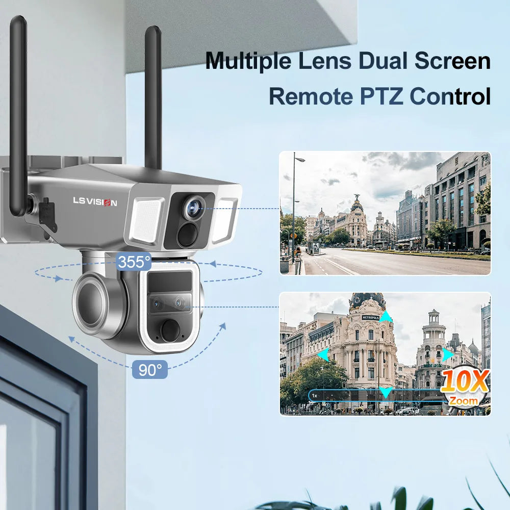 LS VISION 12MP 4G/WiFi 2 In 1 Dual Screen Solar Secutrity Camera Three Lens 10x Optical Zoom Dual PIR Auto Tracking CCTV Camera