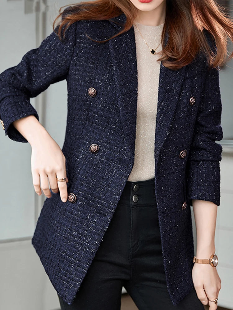 CJFHJE Navy Blue Winter Tweed Blazers Coat Women Thick Warm Long Sleeve Button Elegant Lady Jacket Coat Double-Breasted Overcoat