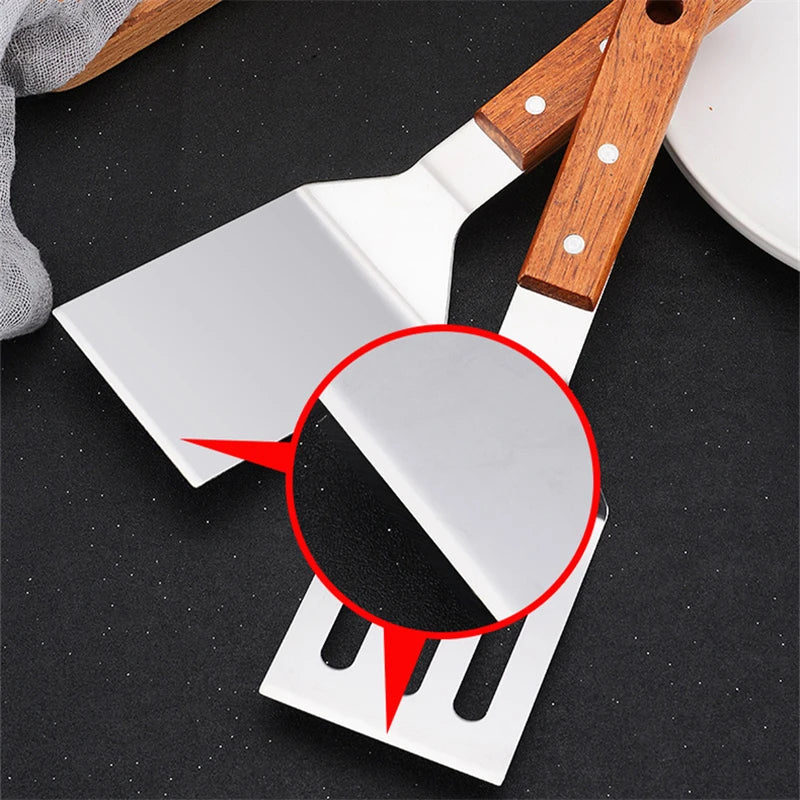 Stainless Steel Wooden Handle Cooking Spatula Steak Pancake Frying Shovel Teppanyaki Scraper Barbecue Tool Kitchen Accessories