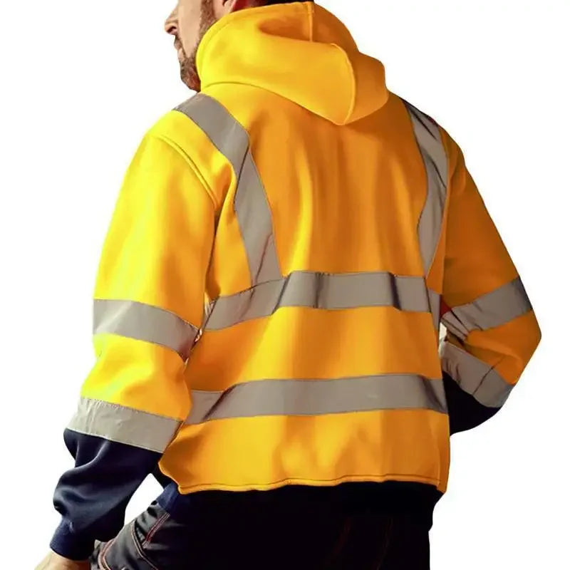 Men Reflective Strip Sanitation Overalls Fleece Hooded Jacket for Cold-Proof Outdoor Sweater Work Safety Coat Outdoor