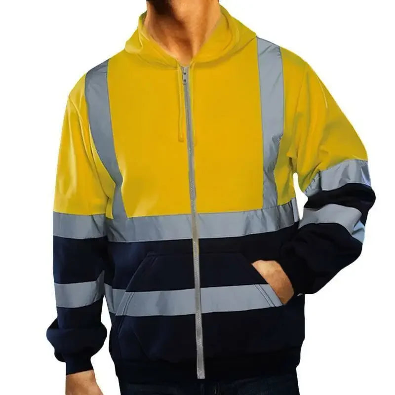 Men Reflective Strip Sanitation Overalls Fleece Hooded Jacket for Cold-Proof Outdoor Sweater Work Safety Coat Outdoor